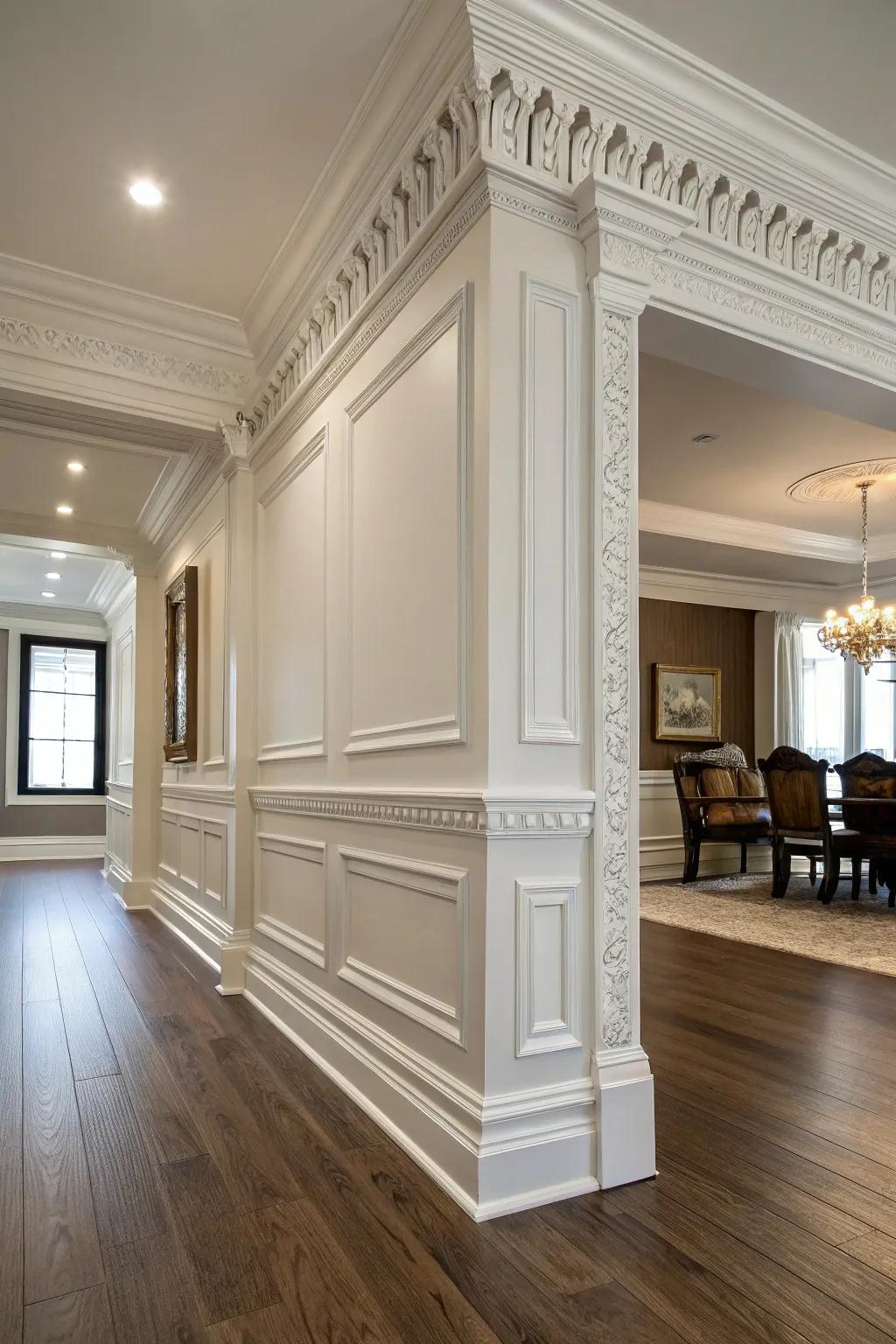 Interior showcasing wide crown molding paired with baseboards, highlighting design contrast.