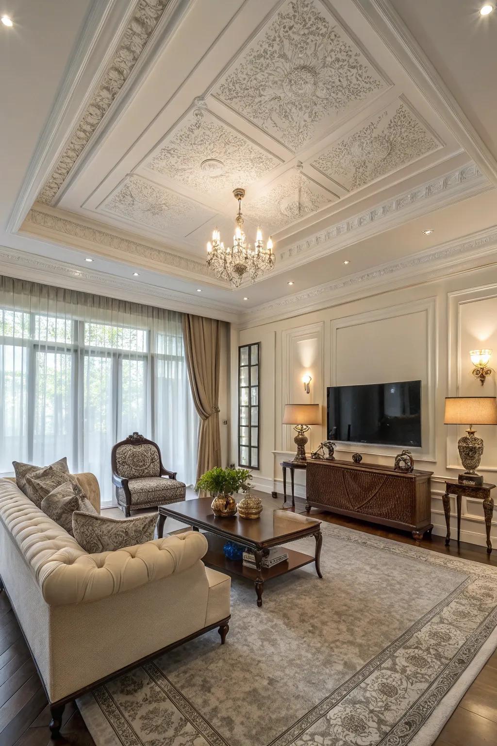 Spacious living room featuring wide crown molding, enhancing its luxurious atmosphere.