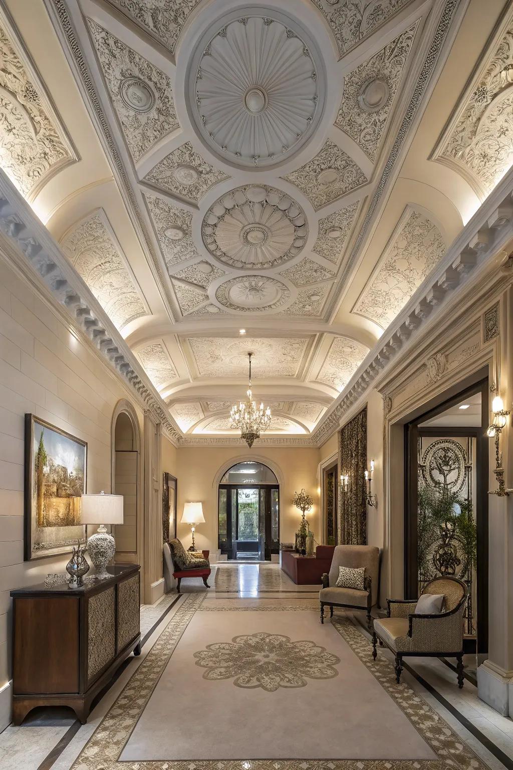 A grand entrance hall featuring wide crown molding, creating a dramatic and inviting first impression.