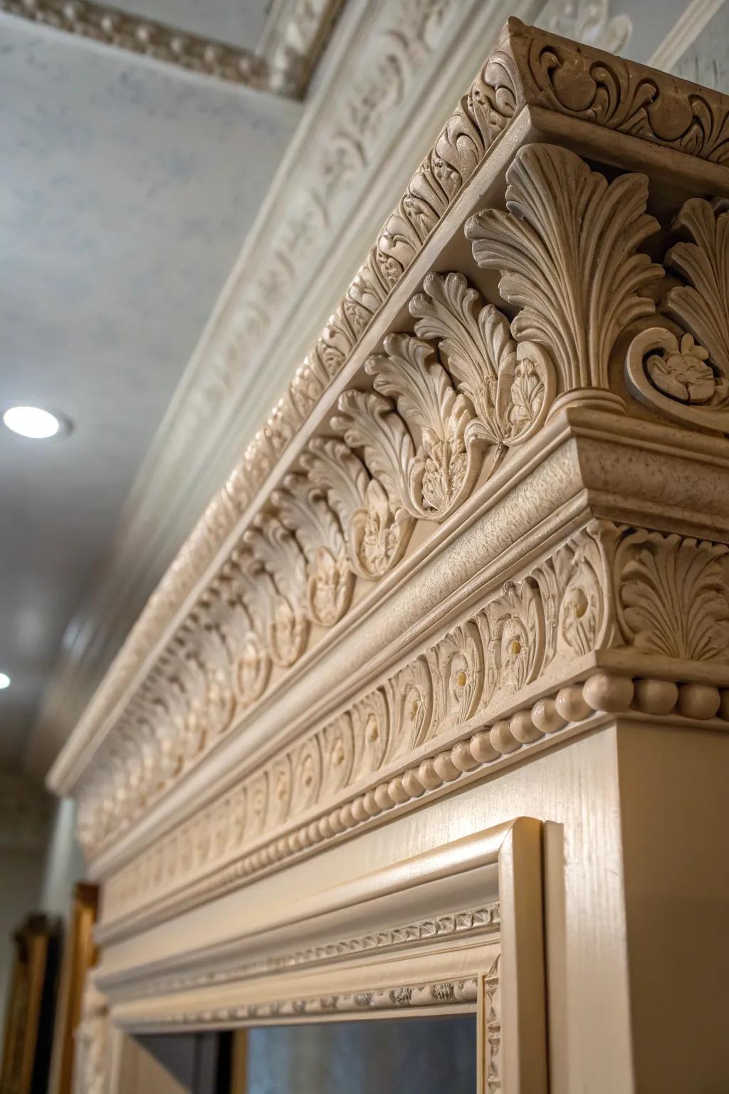Close-up of ornate wide crown molding showcasing detailed craftsmanship.
