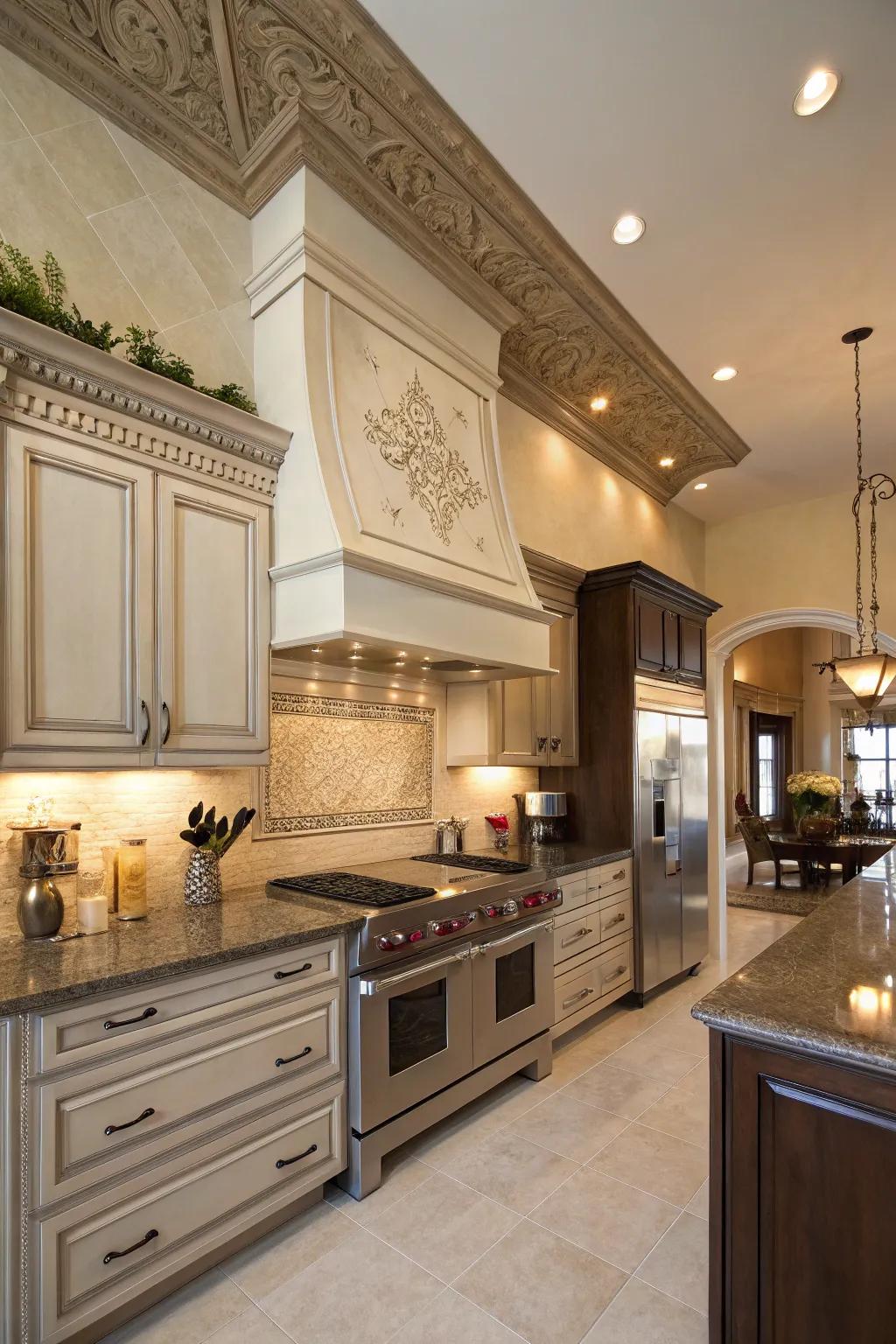 A kitchen space enhanced with wide crown molding, blending style with functionality.