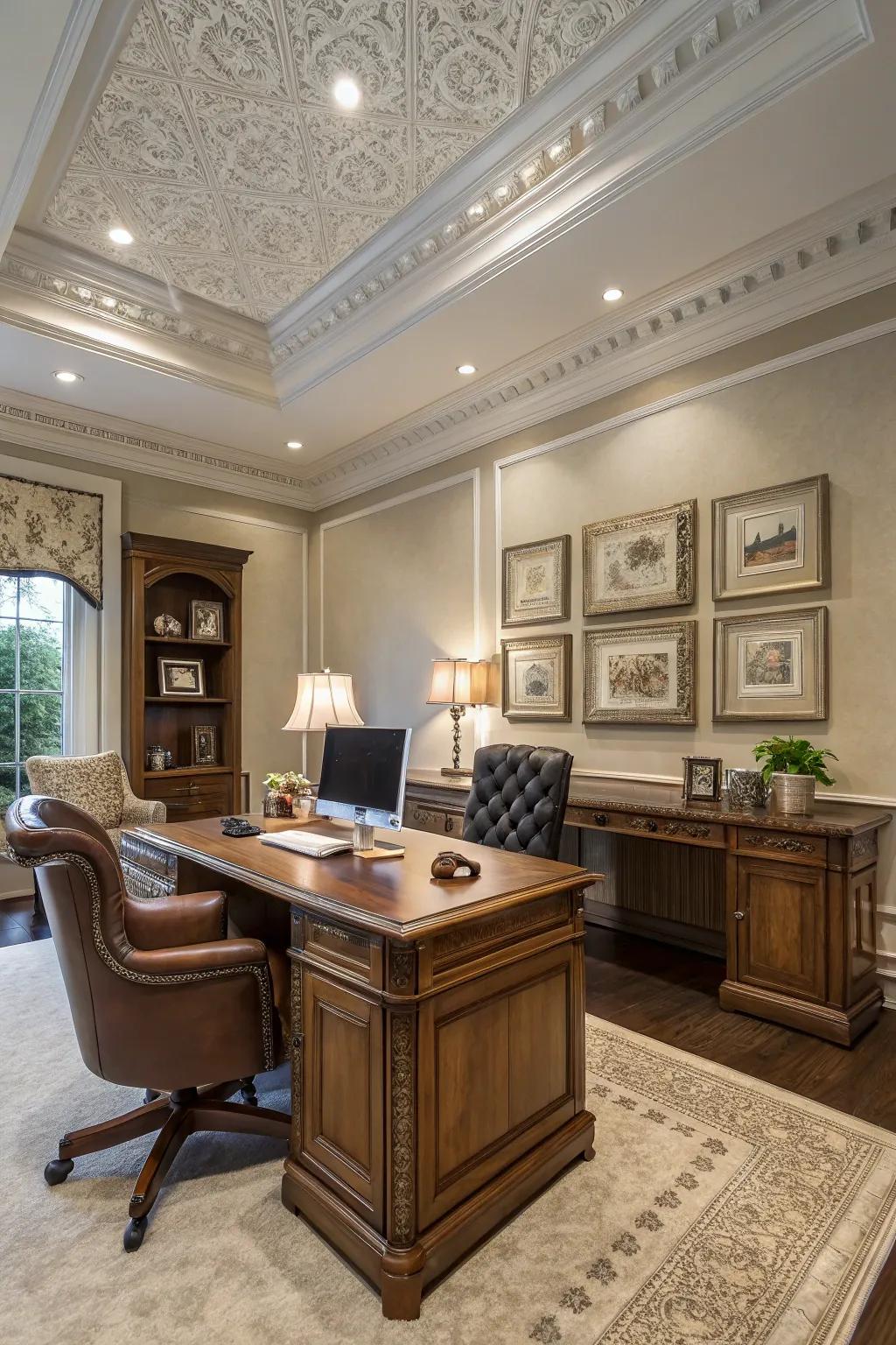 A stylish home office featuring wide crown molding, creating a polished workspace.