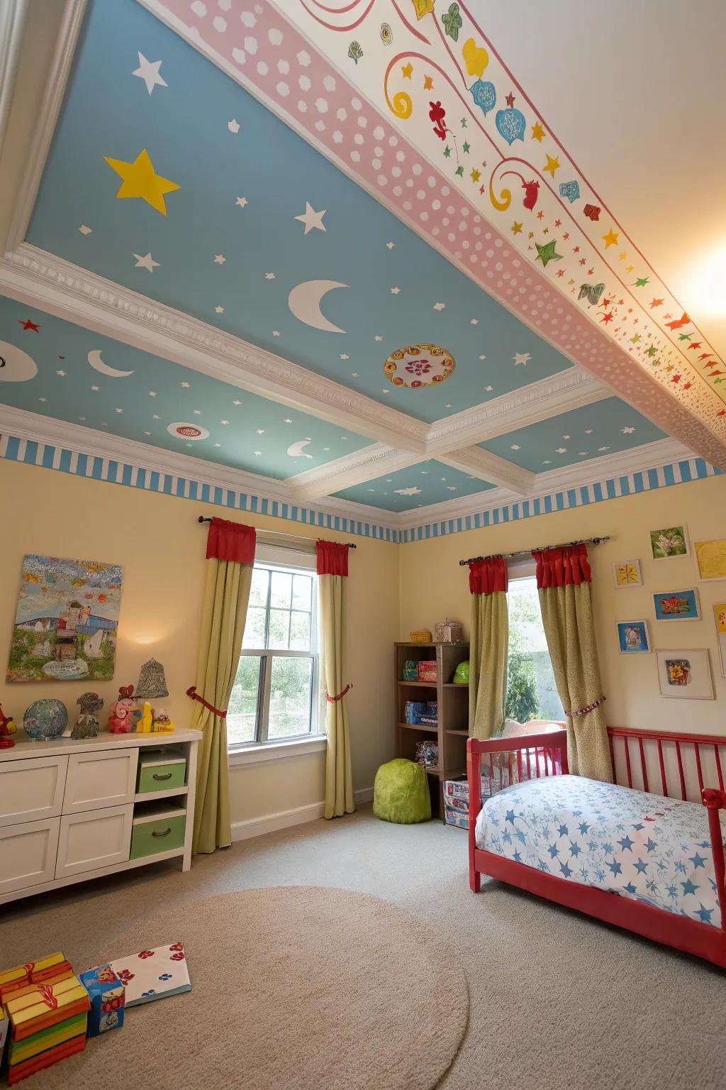 A vibrant children's room featuring wide crown molding outlining a creative ceiling design.