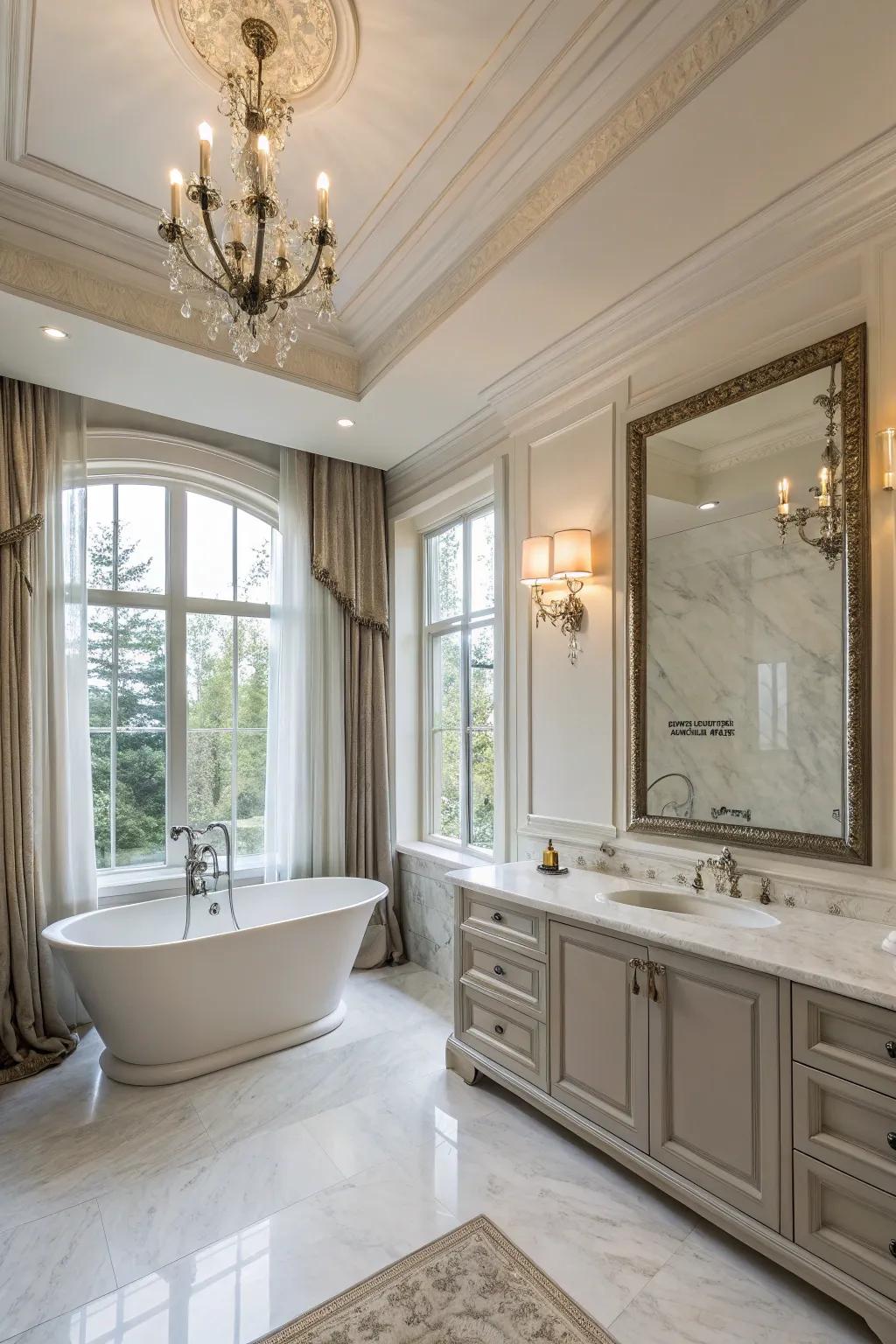 A luxurious bathroom enhanced with wide crown molding, creating a spa-like retreat.