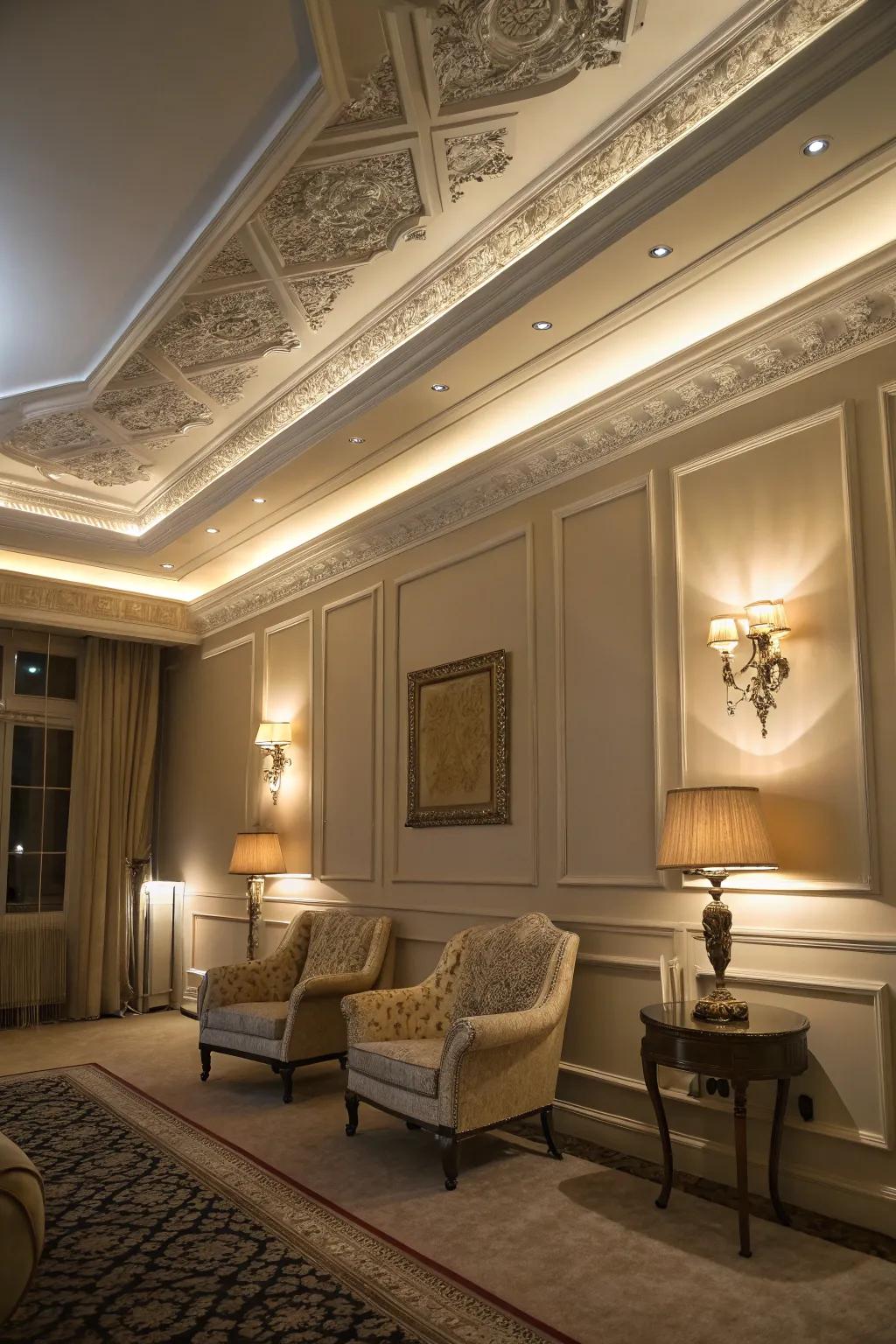 Room featuring illuminated wide crown molding, creating a warm and inviting atmosphere.