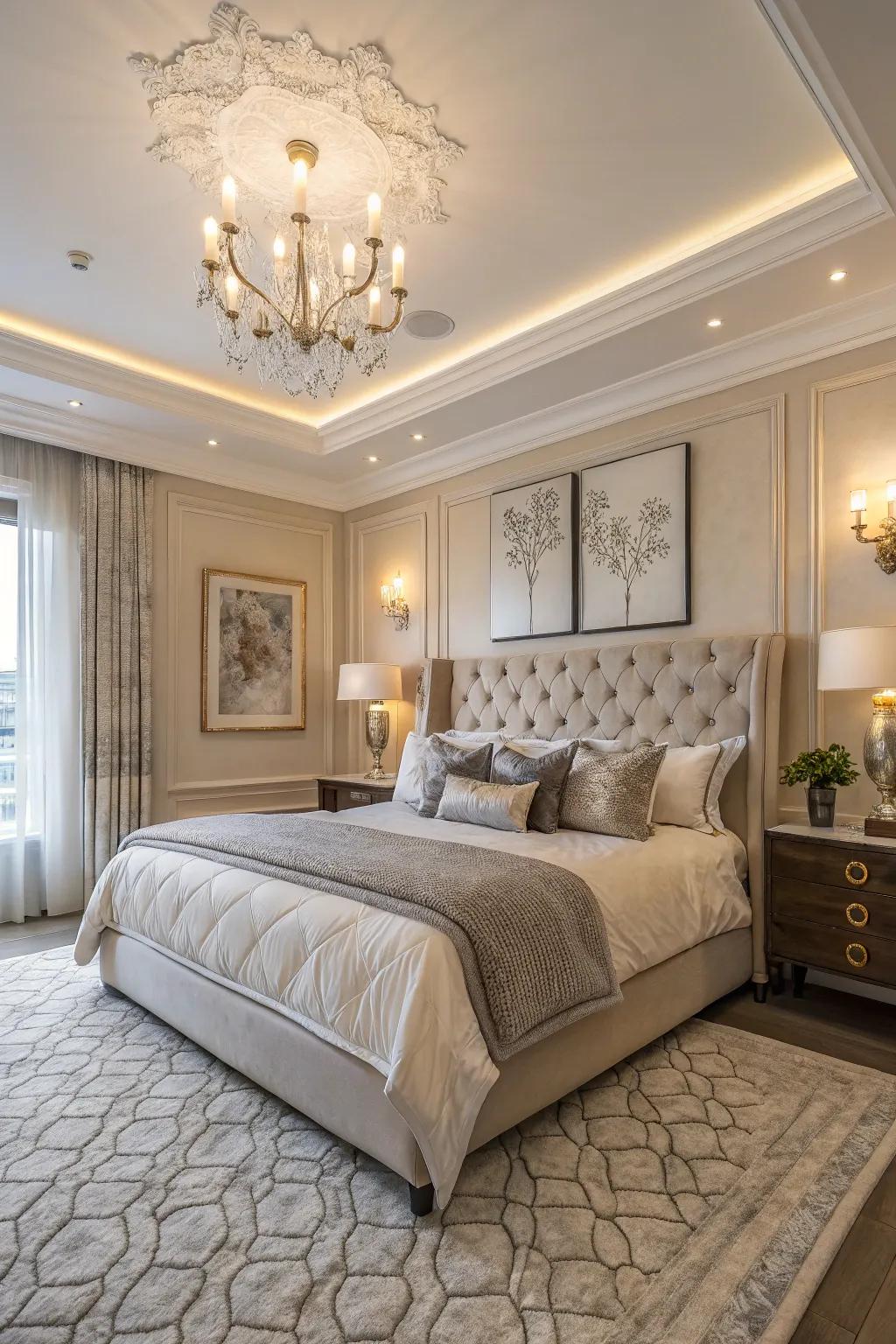 A tranquil bedroom featuring wide crown molding, creating a peaceful and elegant environment.