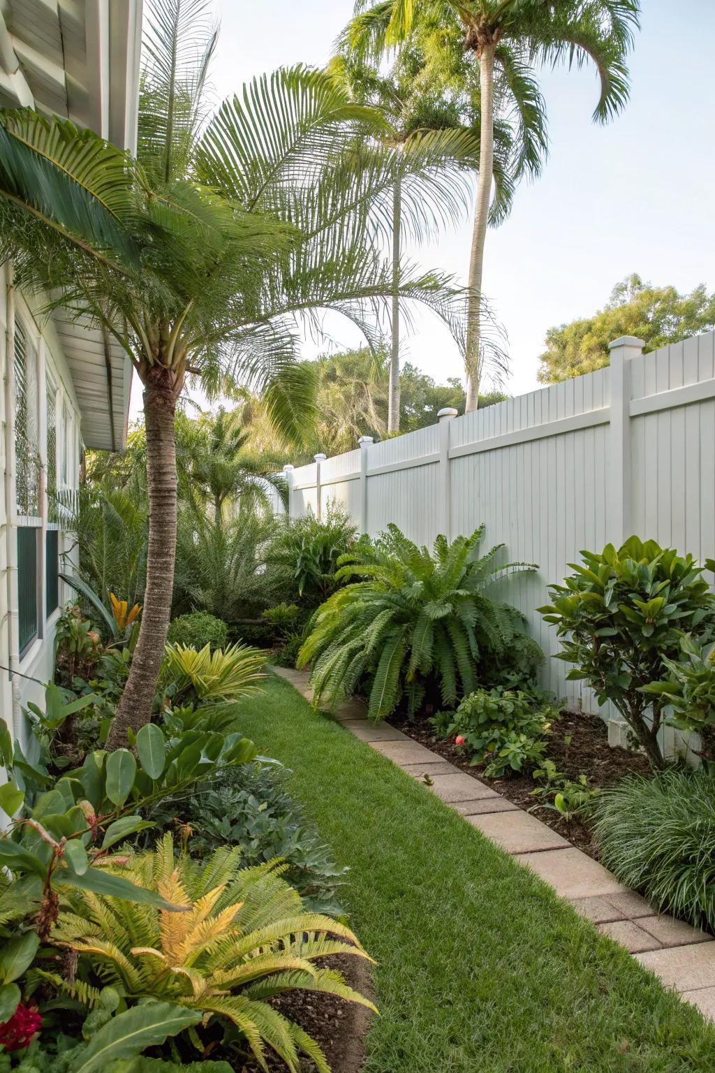 Tropical plants creating a vibrant side yard retreat.