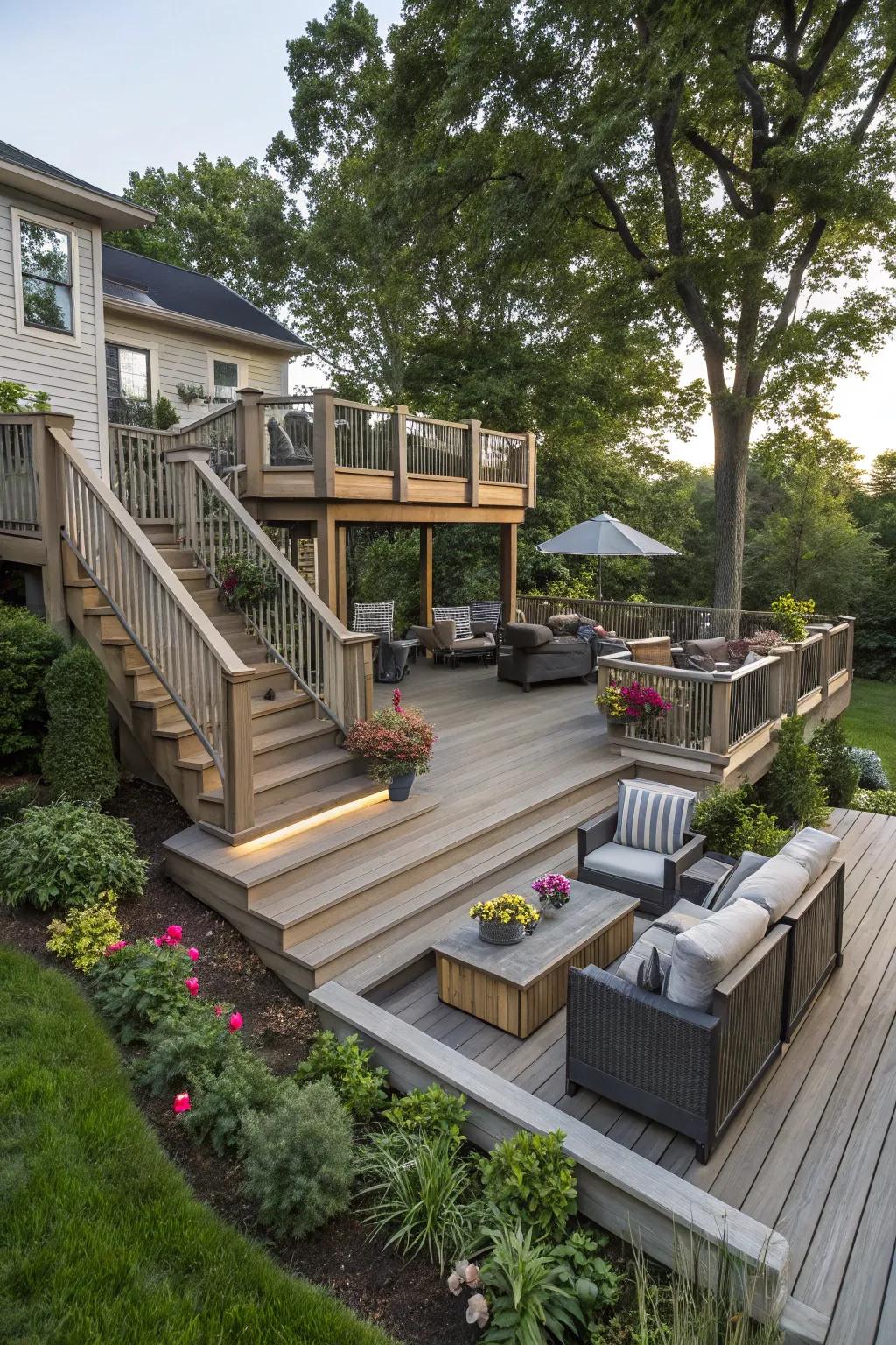 Layered decking creating distinct zones in the patio.