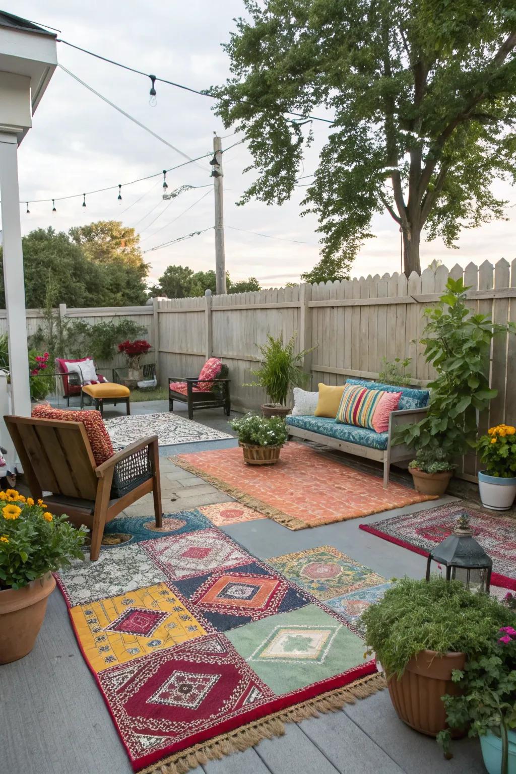 Colorful outdoor rugs adding warmth and style.