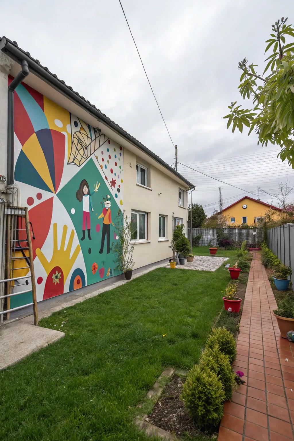 Colorful wall murals adding vibrancy to the patio.