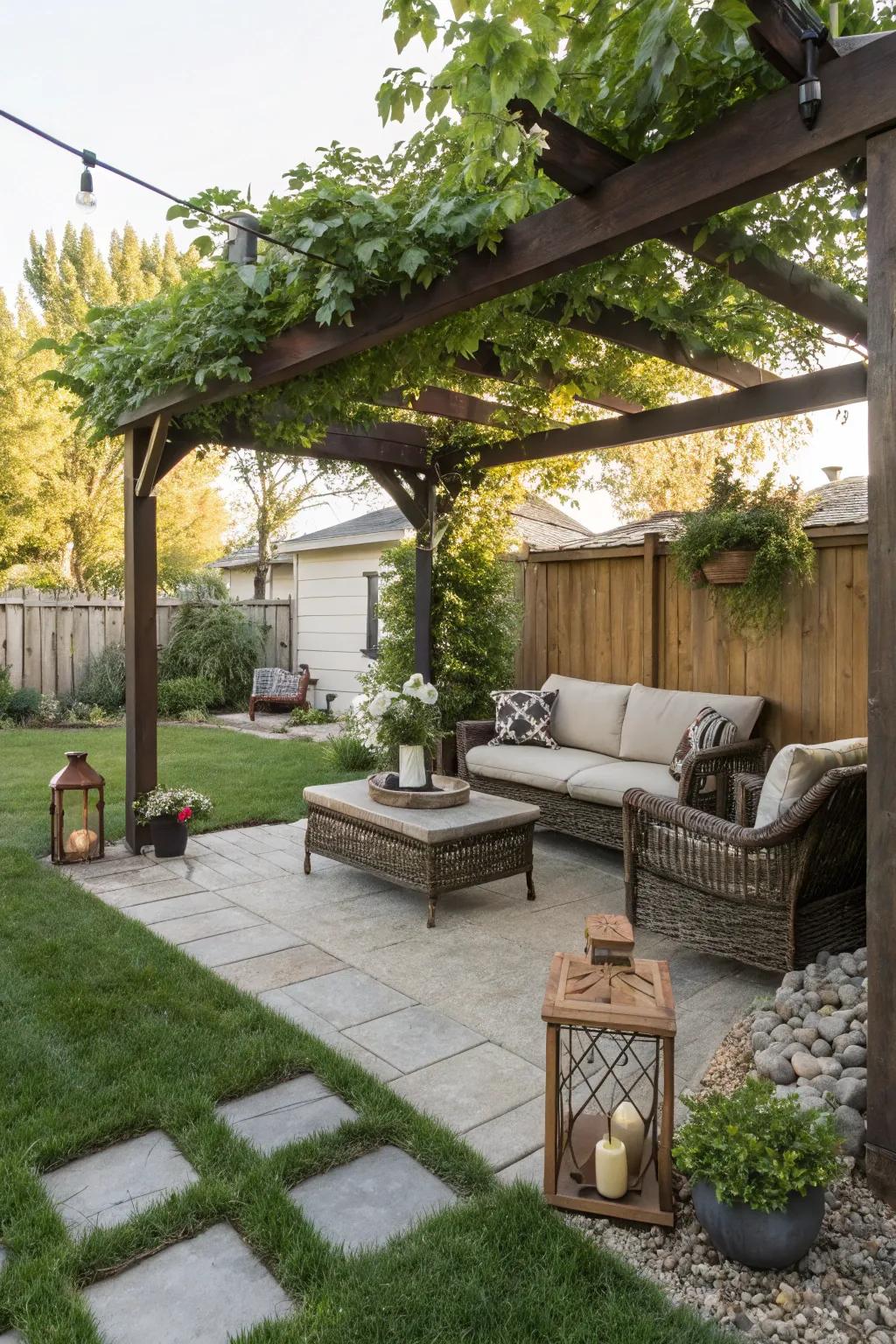 A pergola providing shade and elegance to the patio.