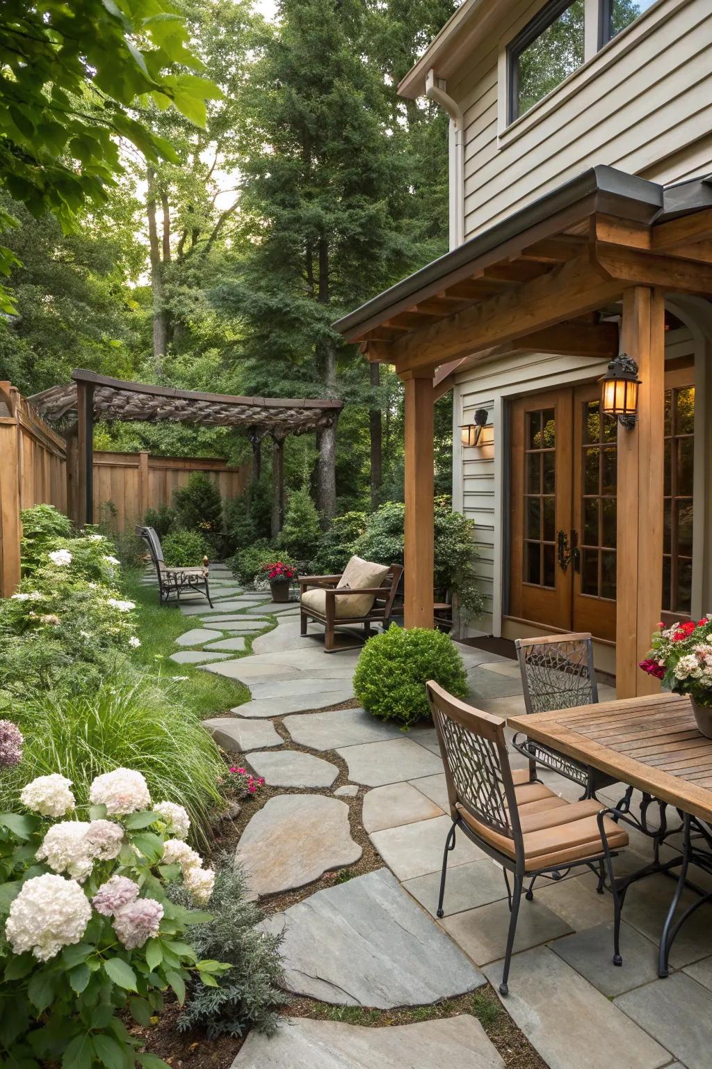 A blend of wood, stone, and metal creating visual interest.