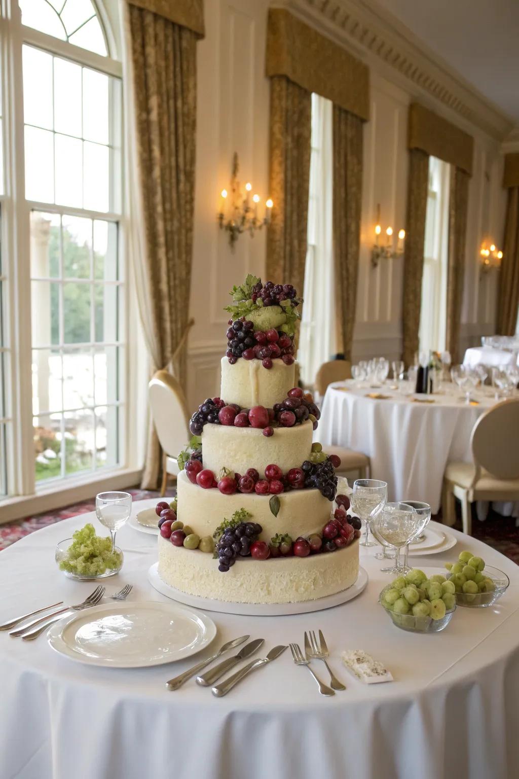 Sophisticated cake decorated with cascading grapes.