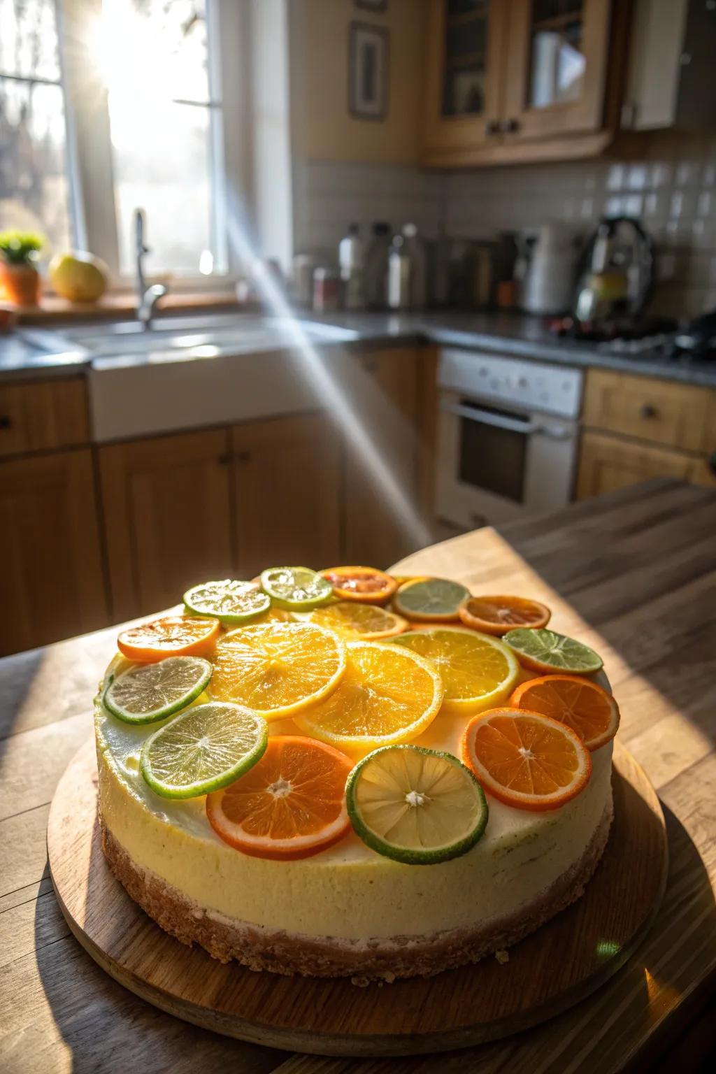 Refreshing cake adorned with slices of oranges, lemons, and limes.