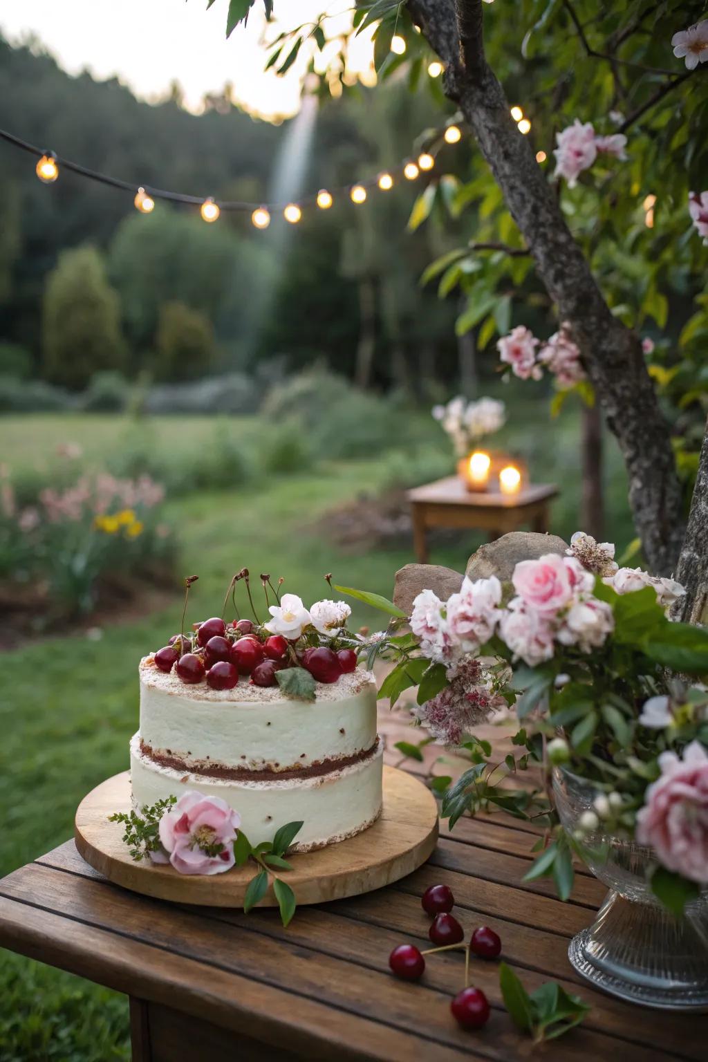 Cake decorated with cherries and edible blossoms.