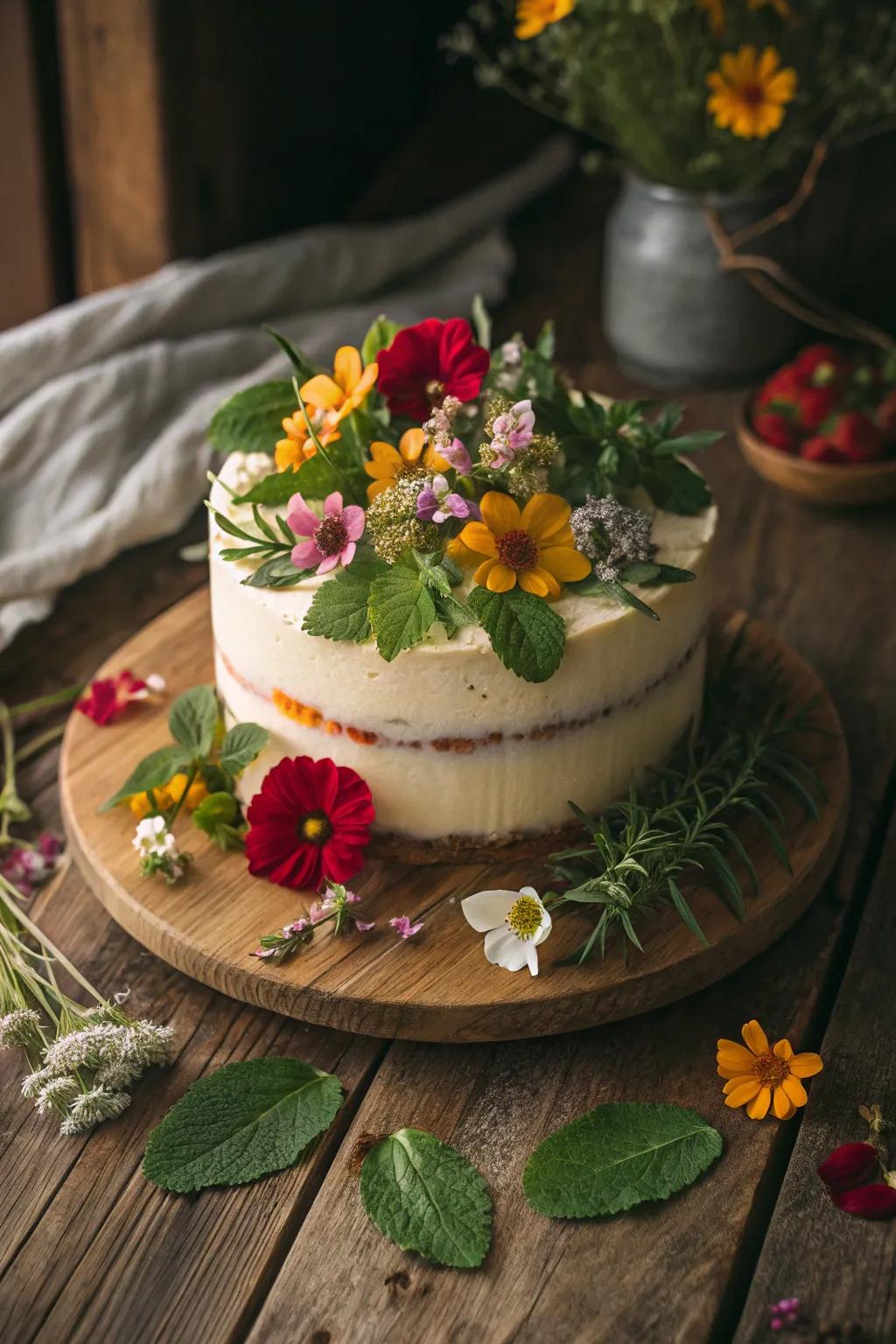 Cake decorated with edible flowers and fresh herbs.