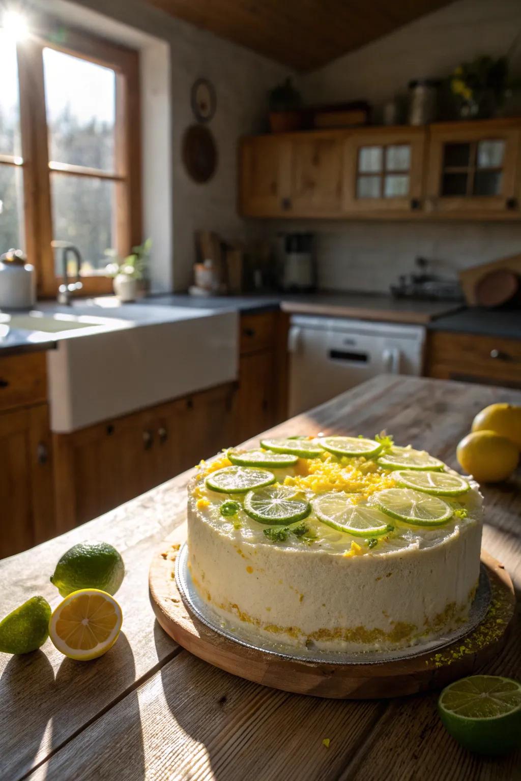 Cake decorated with lemon and lime zest for a fresh flavor.