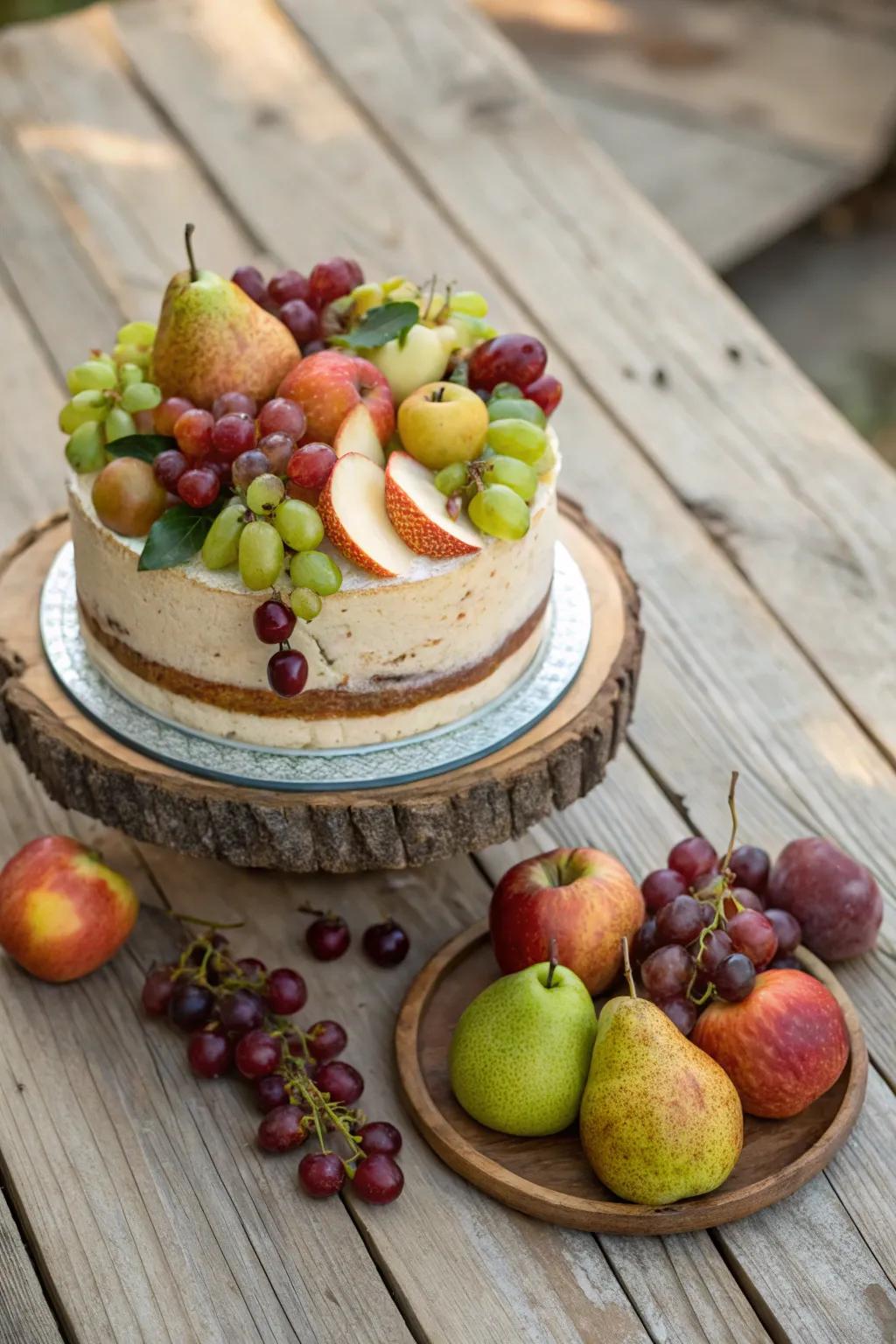 Cake decorated with apples, pears, and grapes evoking an orchard feel.