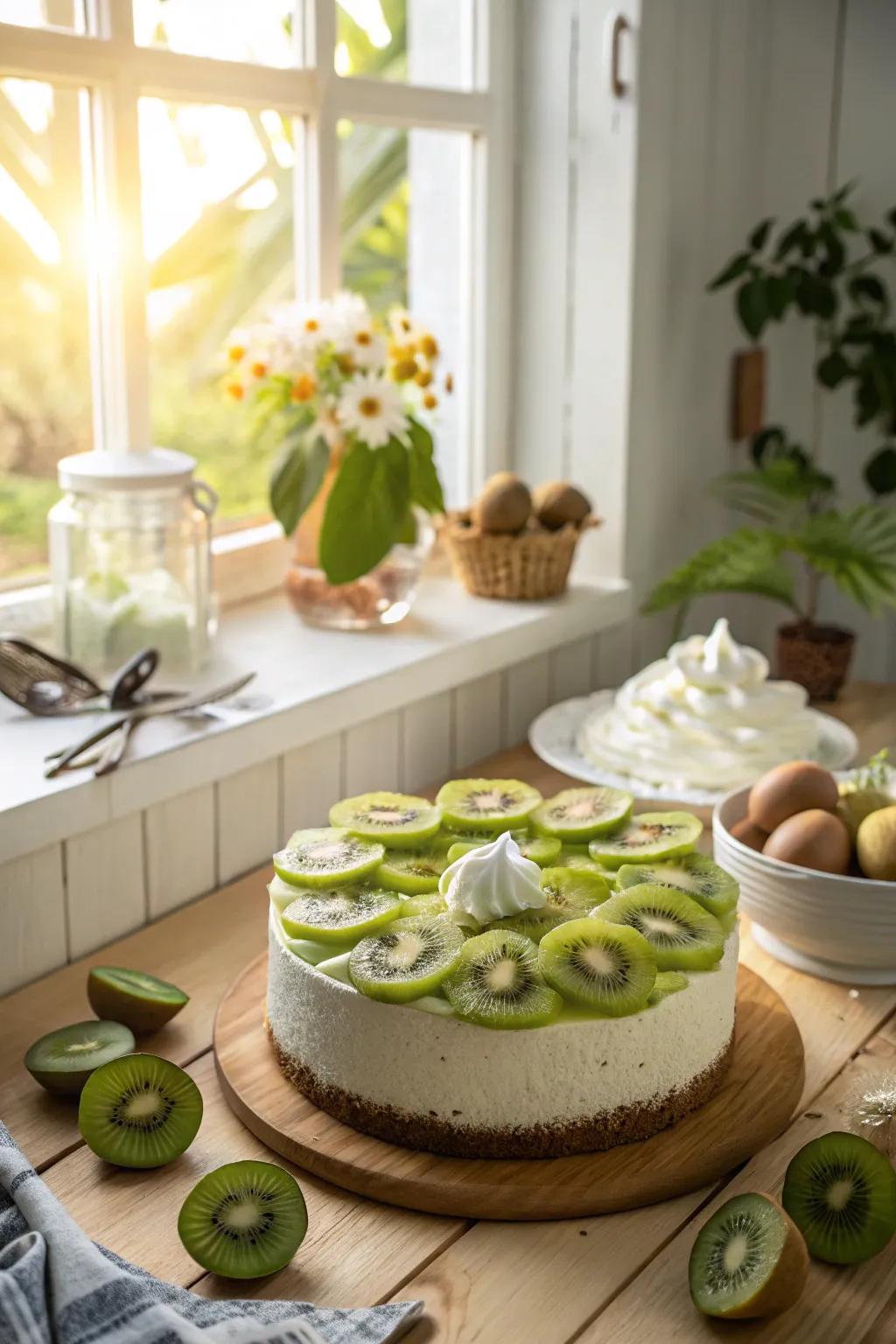 Fresh and inviting cake topped with kiwi slices and whipped cream.