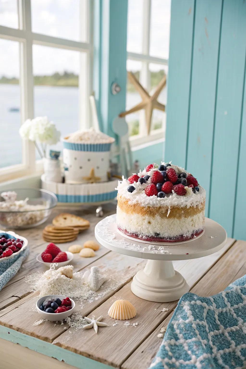 Tropical cake combining shredded coconut and fresh berries.