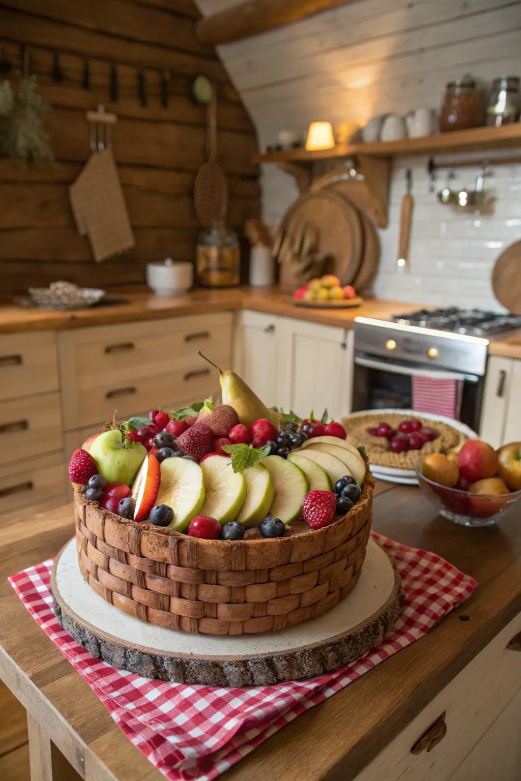 Inviting cake decorated to resemble a rustic fruit basket.