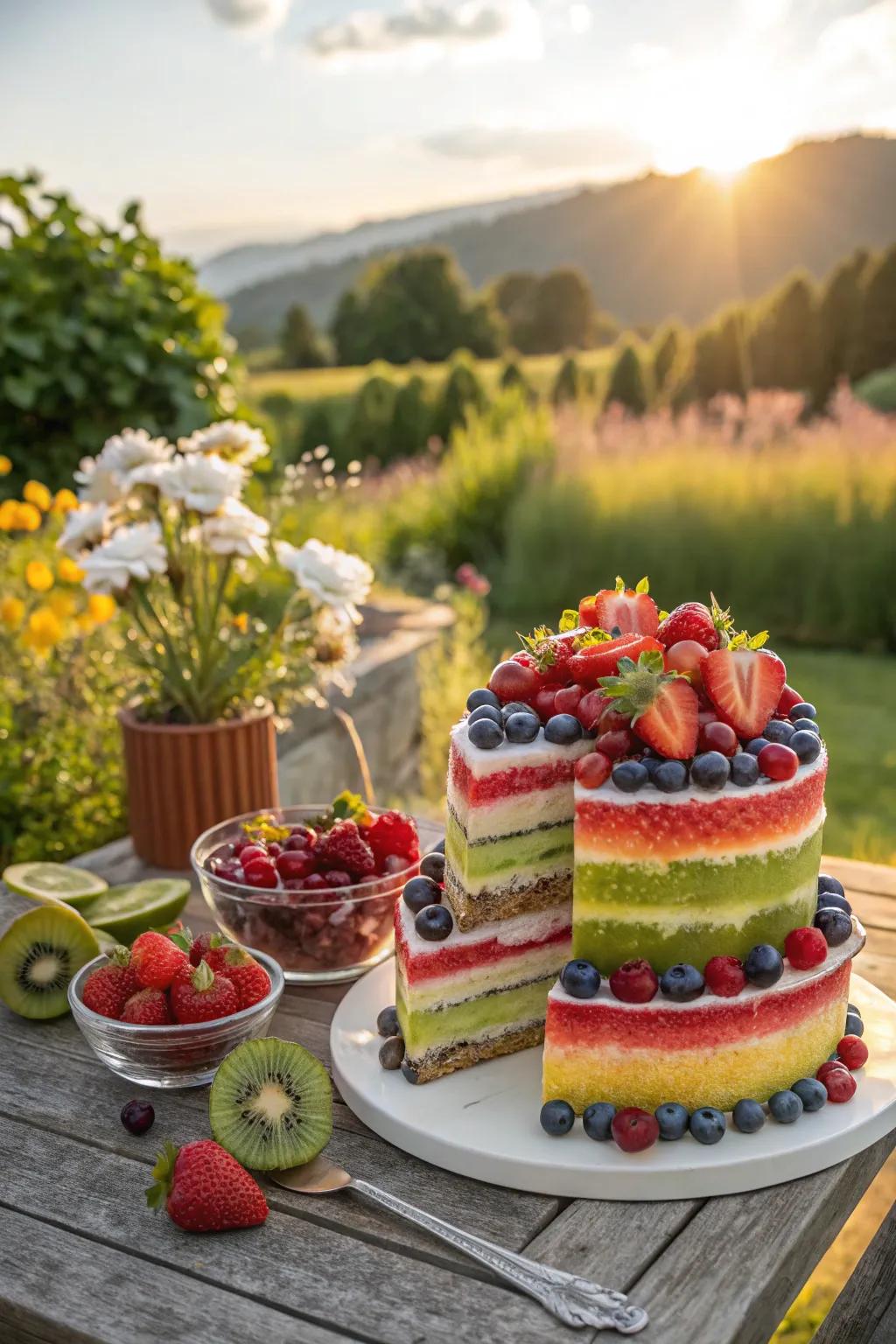 Layered cake featuring watermelon slices, perfect for summer.
