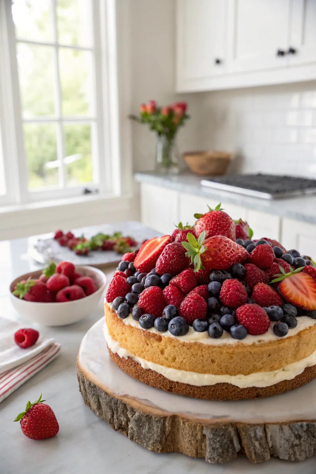 Colorful cake layered with strawberries, raspberries, and blueberries.