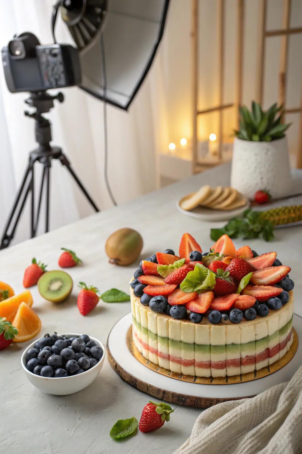 Cake decorated with an artistic arrangement of various fruits.