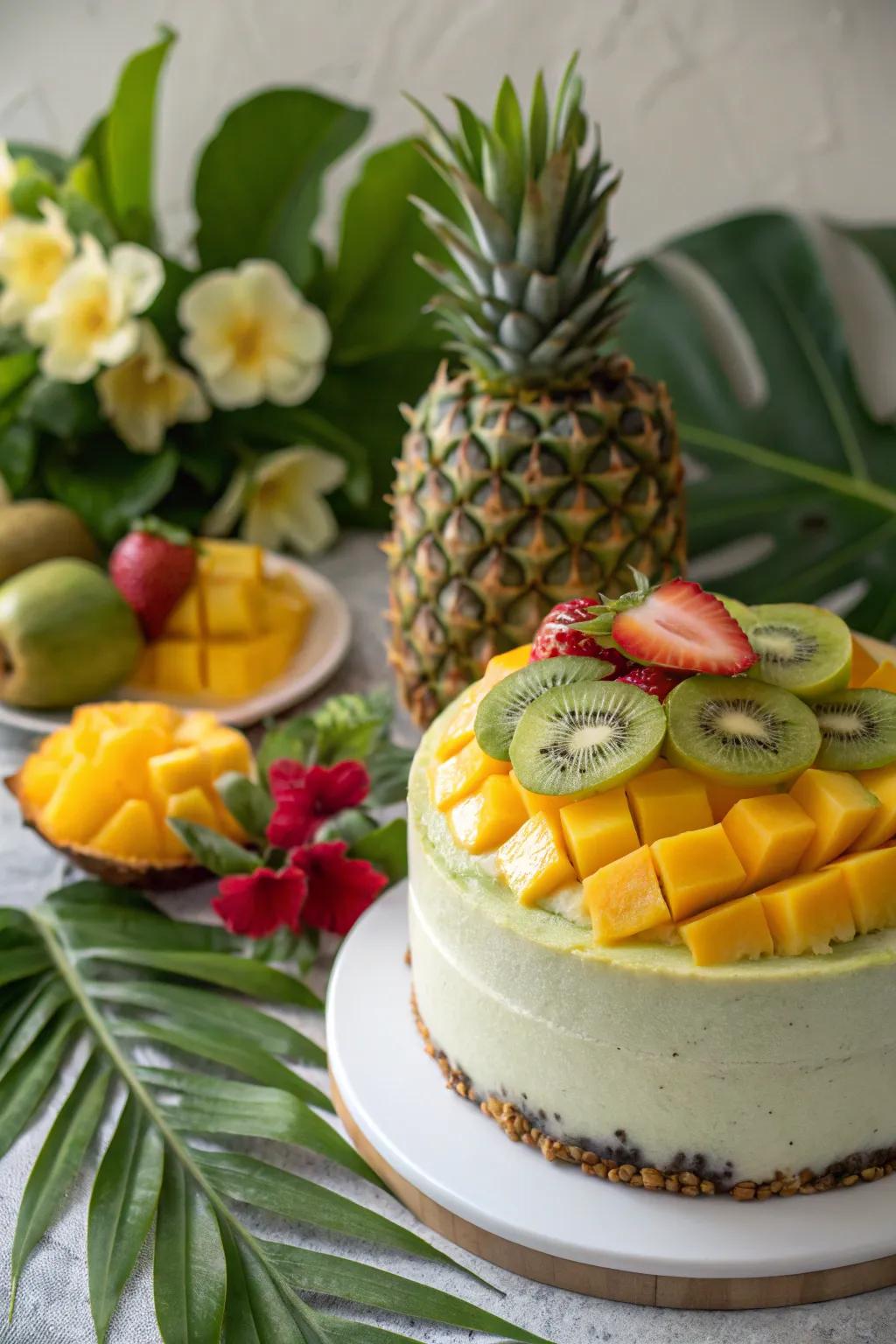 Cake featuring tropical fruits like pineapple, mango, and kiwi.