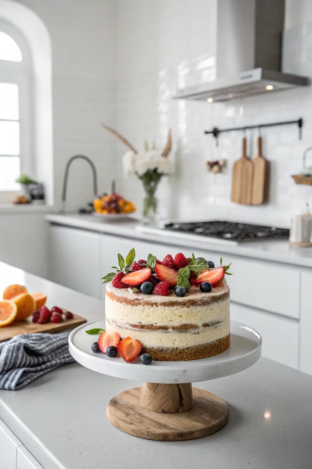 Naked cake showcasing natural fruit decoration.