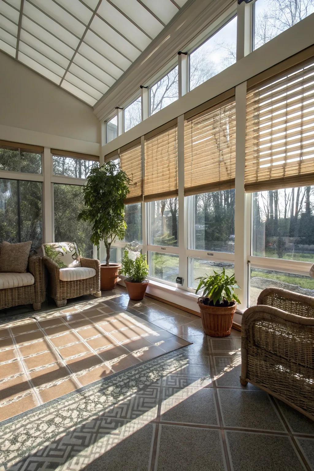 Reflective shades reduce heat and light, perfect for bright rooms.