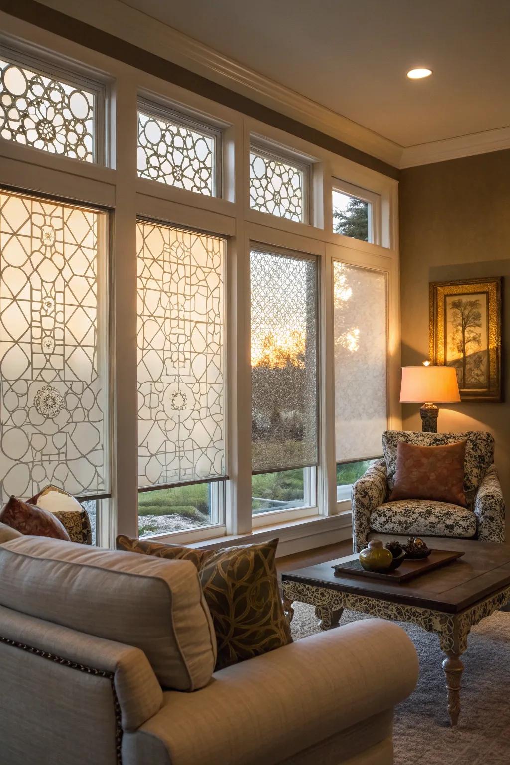 Privacy films diffuse light while adding decorative appeal.