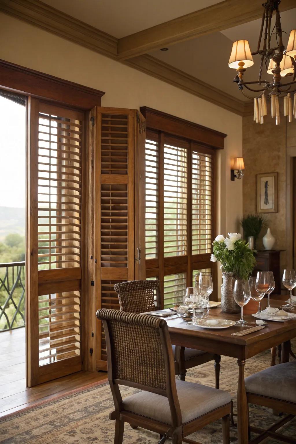 Wooden shutters provide classic style and effective light management.
