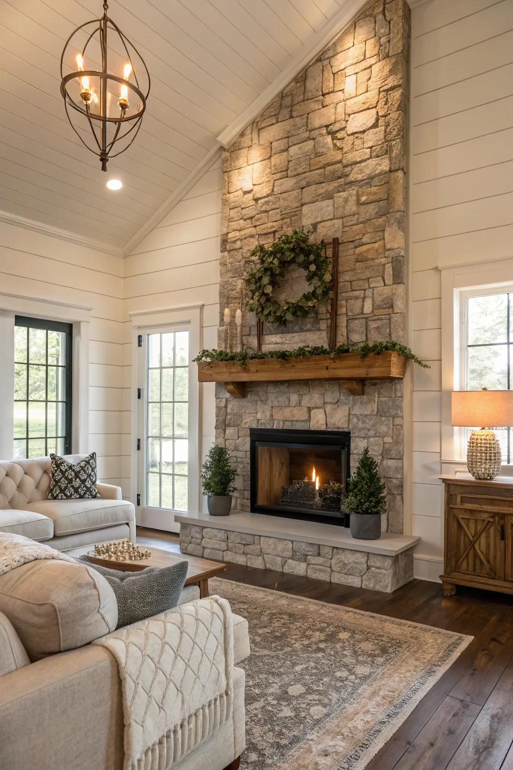 Wood and stone blend adds texture and elegance.