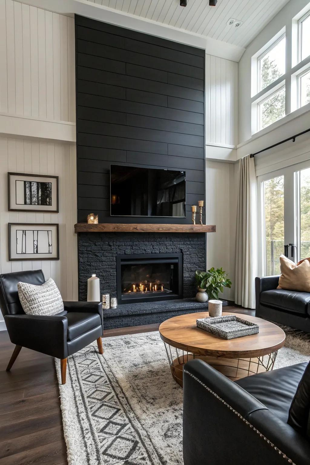 Black planks create a bold, elegant focal point.