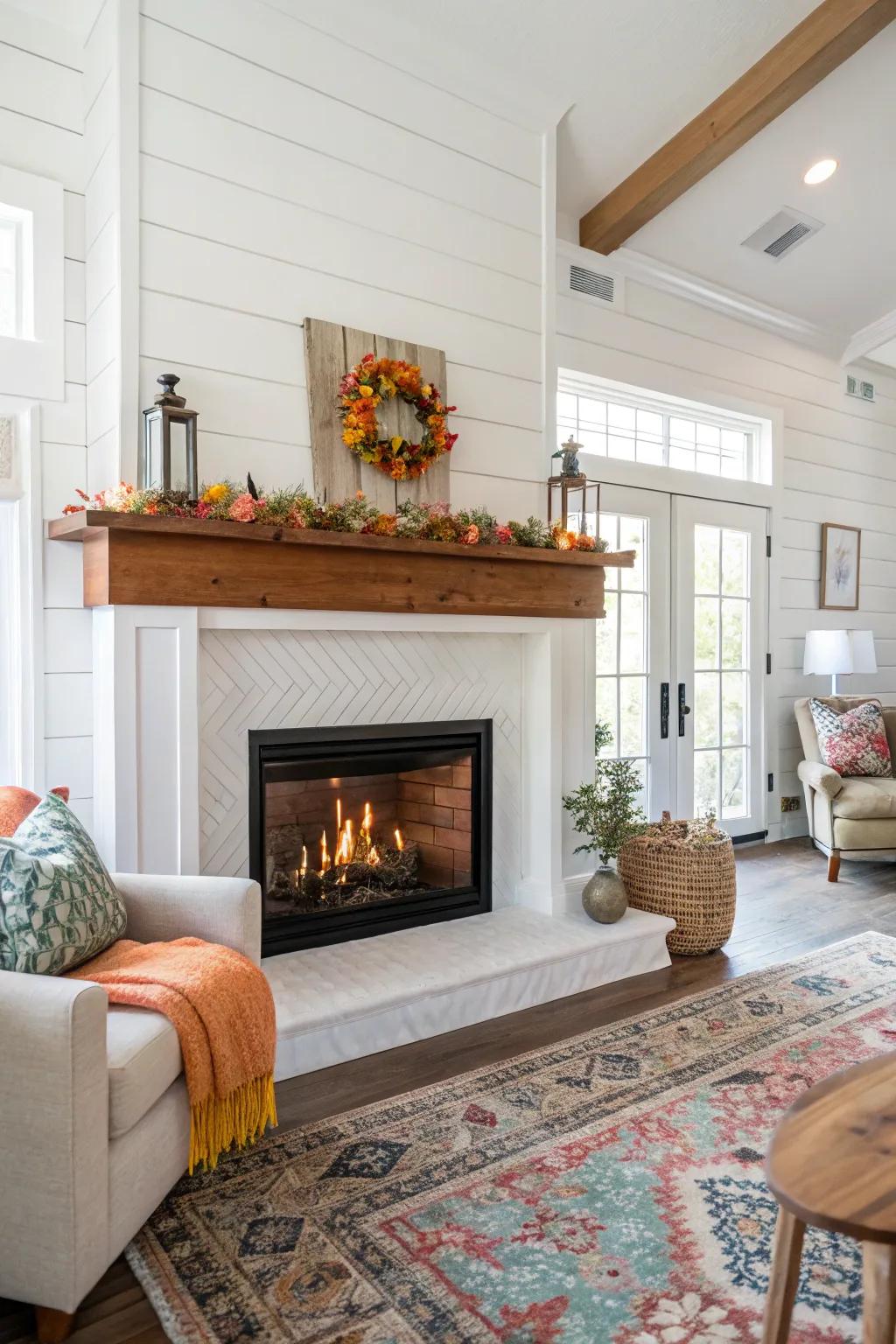 White plank fireplace offers a clean, timeless look.