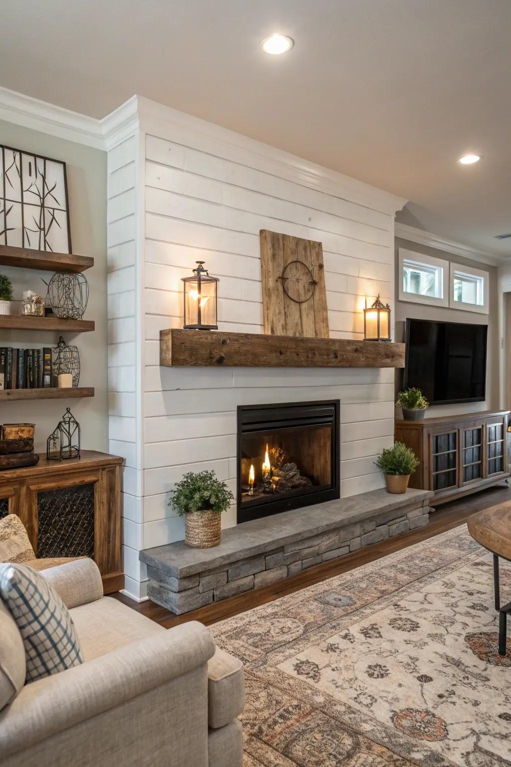 Mixing rustic and modern styles creates a trendy fireplace.