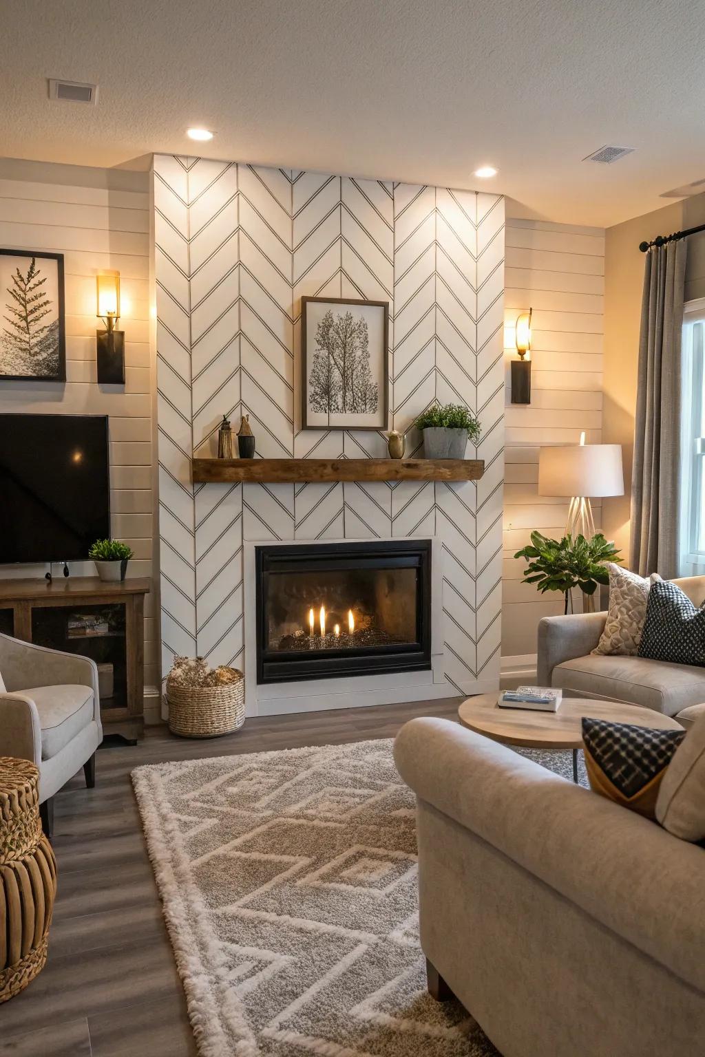 Chevron plank patterns add a modern twist to classic wood.