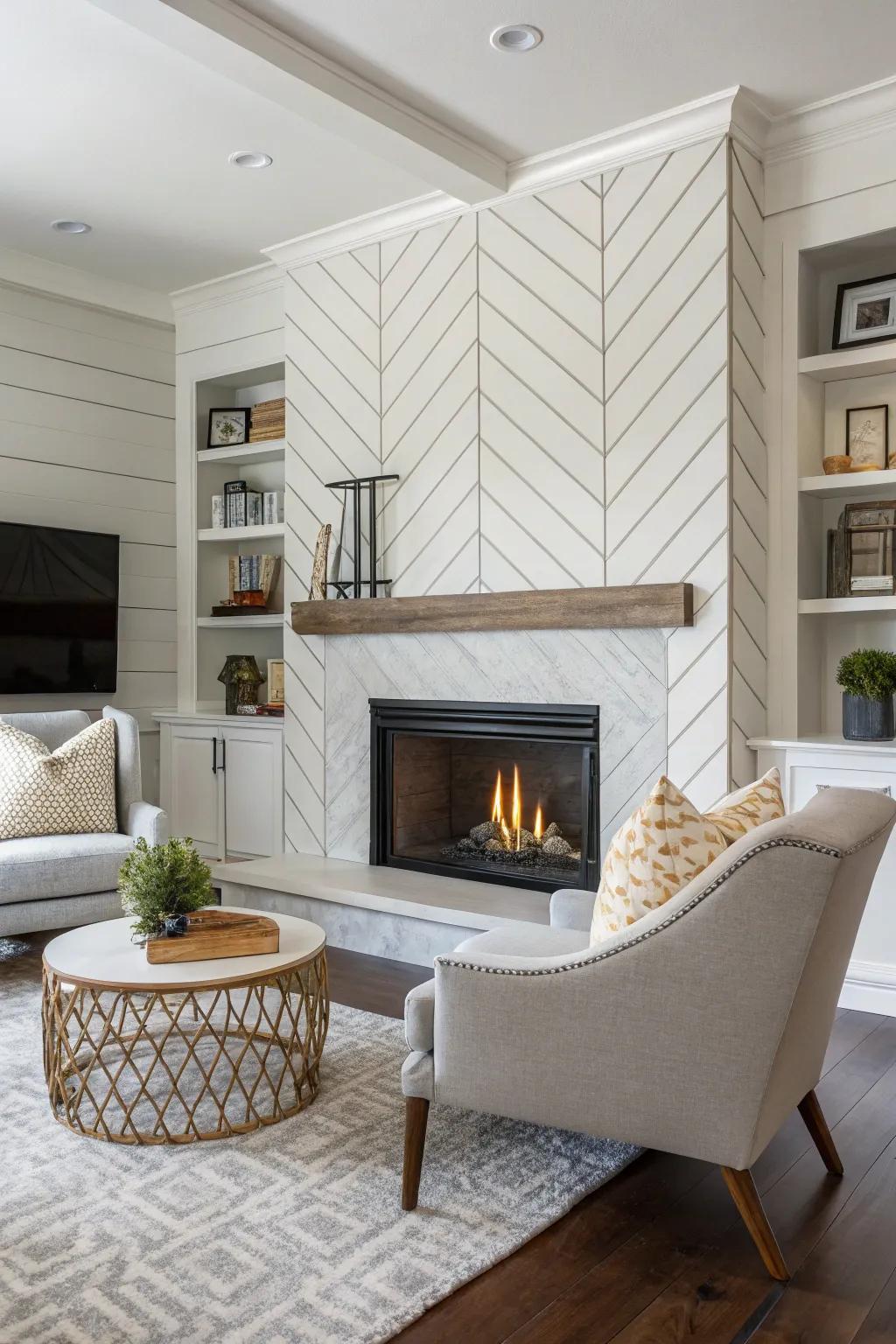 Geometric plank patterns add a unique modern touch.