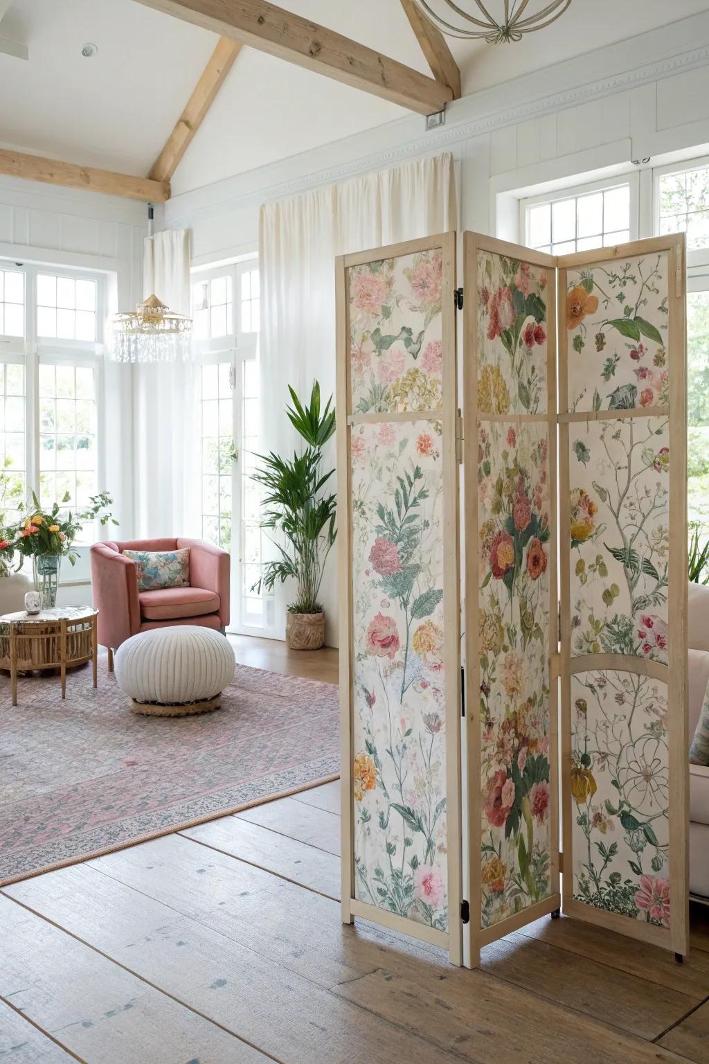 Stylish floral room dividers to separate spaces.