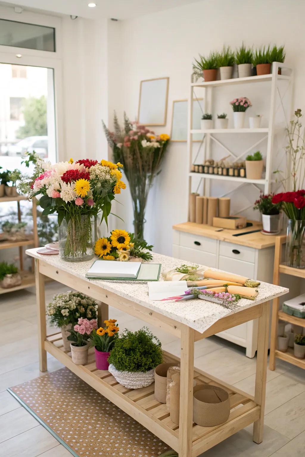 Set up a flower arranging workspace.