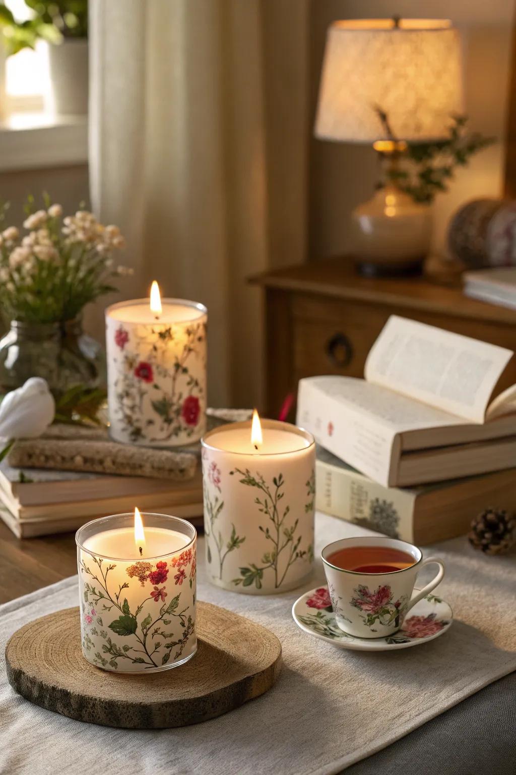 Enhance ambiance with floral scented candles.