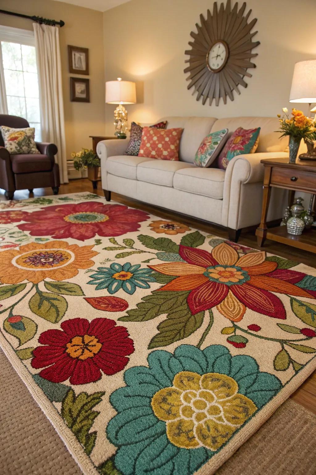 Add color and texture with floral rugs.