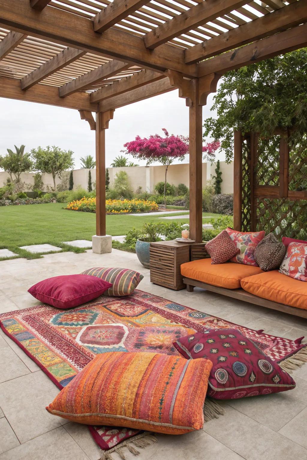 Colorful fabrics enliven your patio decor.