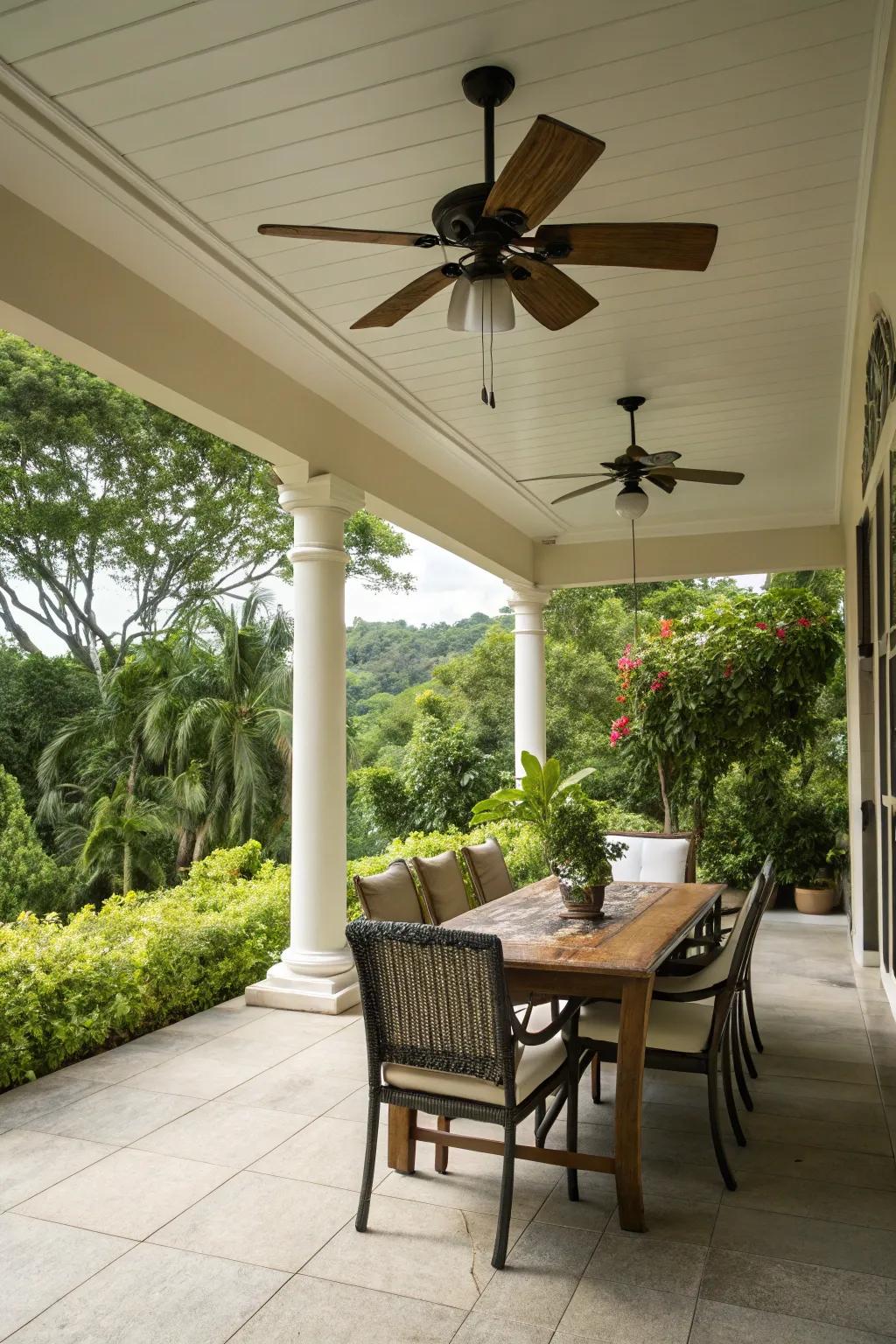 Ceiling fans keep your patio cool on warm days.