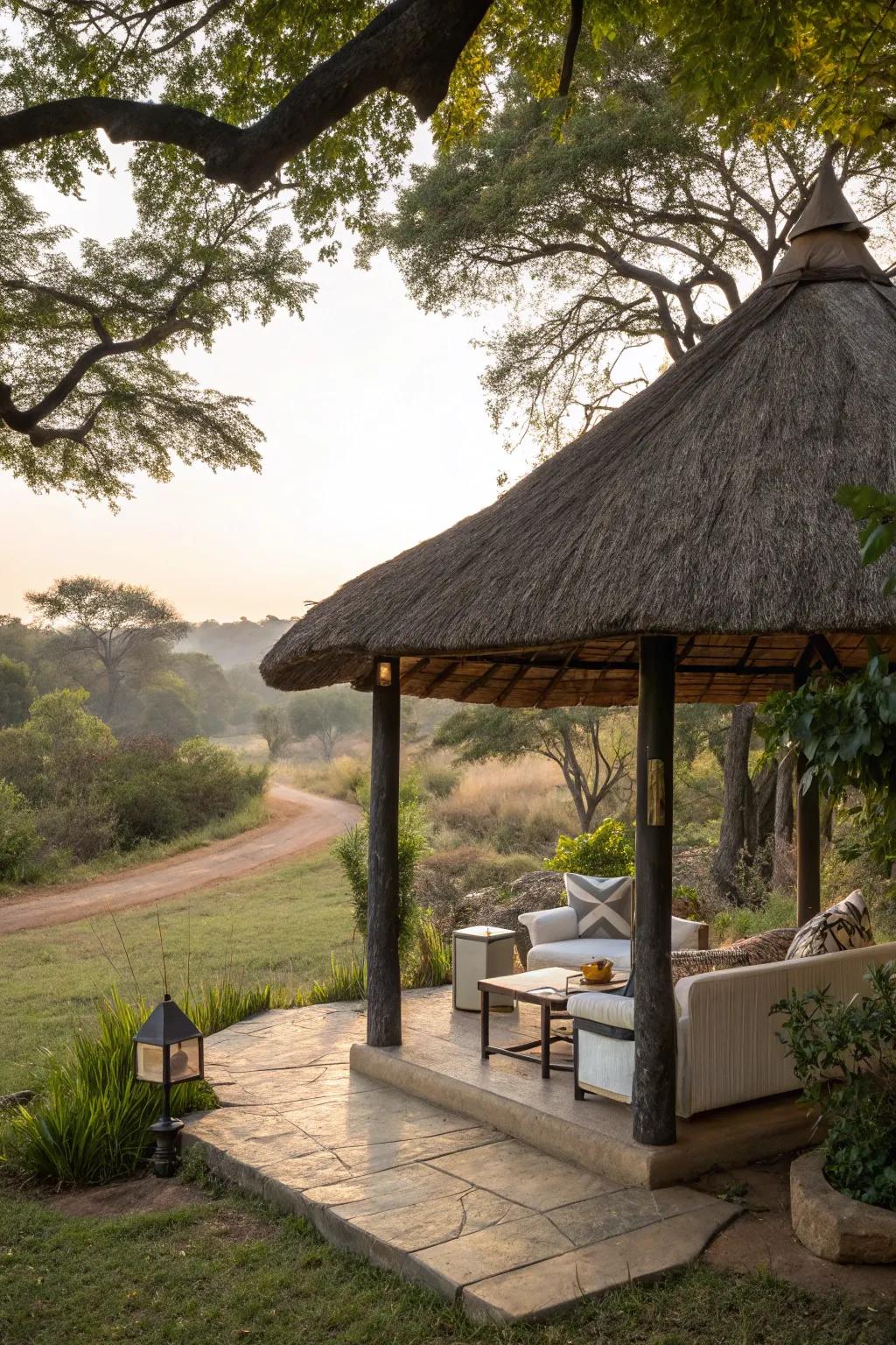 Thatched roofing adds rustic character to your patio.