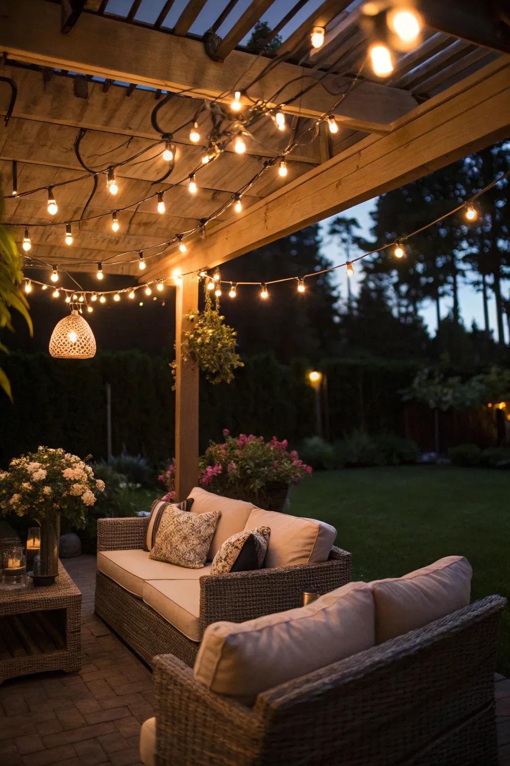 Hanging lights create a magical glow on your patio.