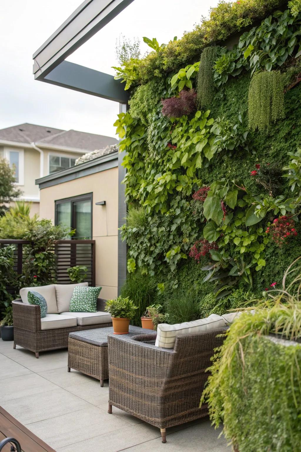 A living green wall maximizes space and adds lush greenery.