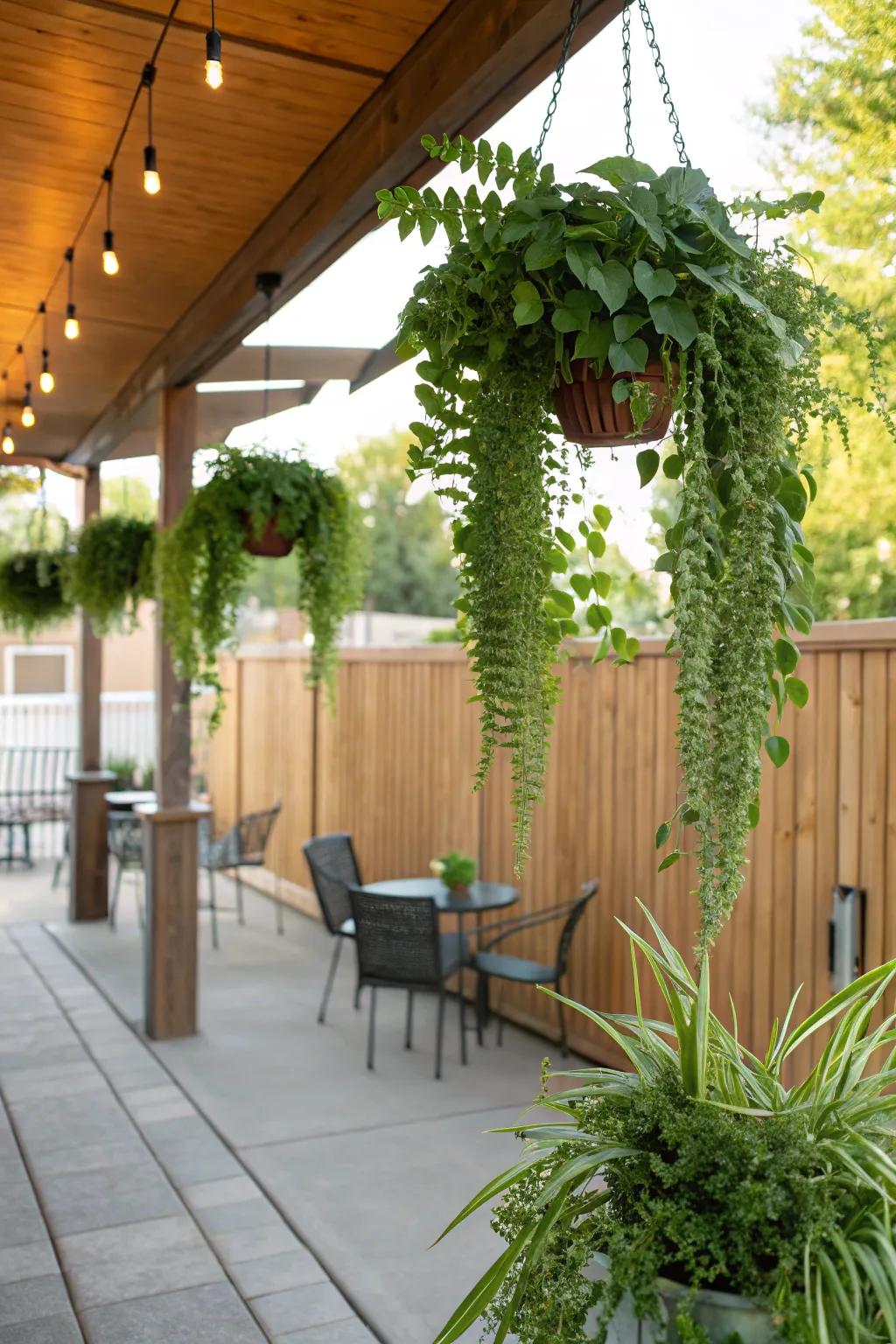 Hanging plants add lush greenery and vibrancy to your patio.