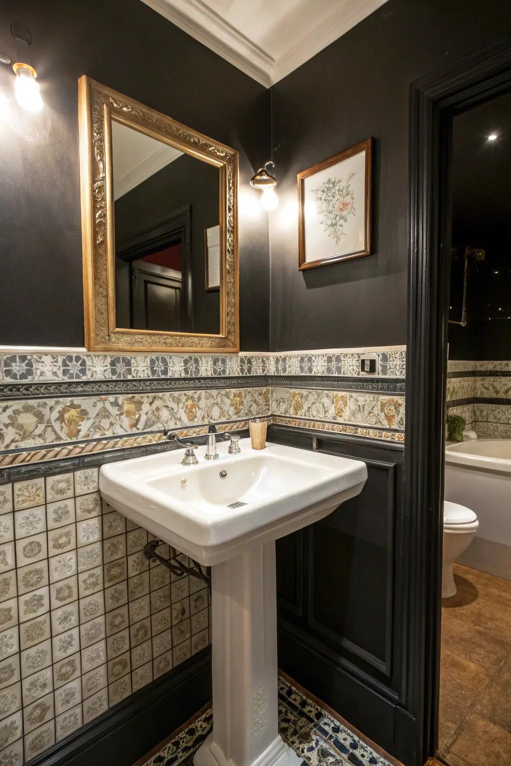 Contrasting bathroom fixtures create visual interest.